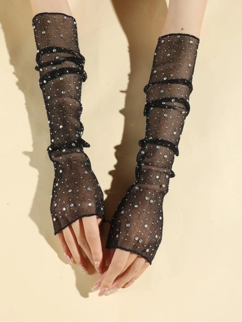Sheer Black Rhinestone Embellished Arm Sleeves